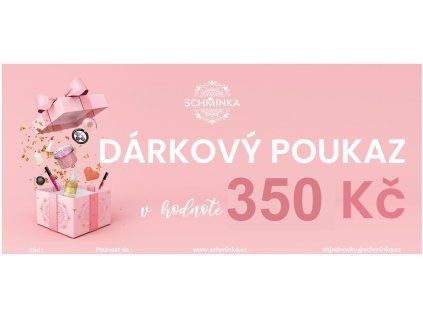 Grafický návrh růžového dárkového poukazu Schminka v hodnotě 350 Kč s motivem rozbalené dárkové krabičky
