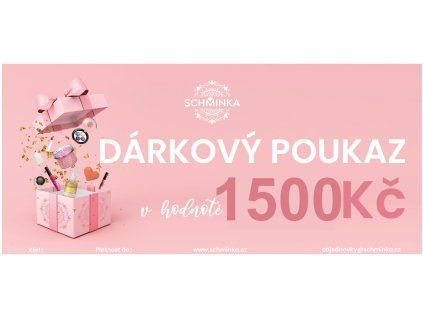 Grafický návrh růžového dárkového poukazu Schminka v hodnotě 1500 Kč s motivem rozbalené dárkové krabičky
